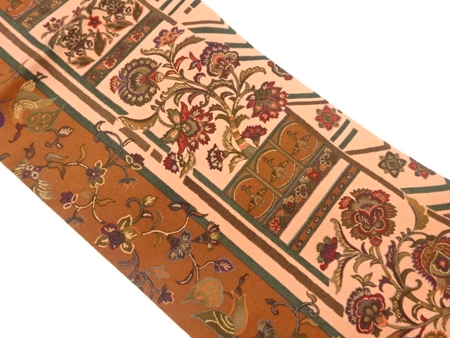 縮緬地縞に花唐草・鳥模様名古屋帯